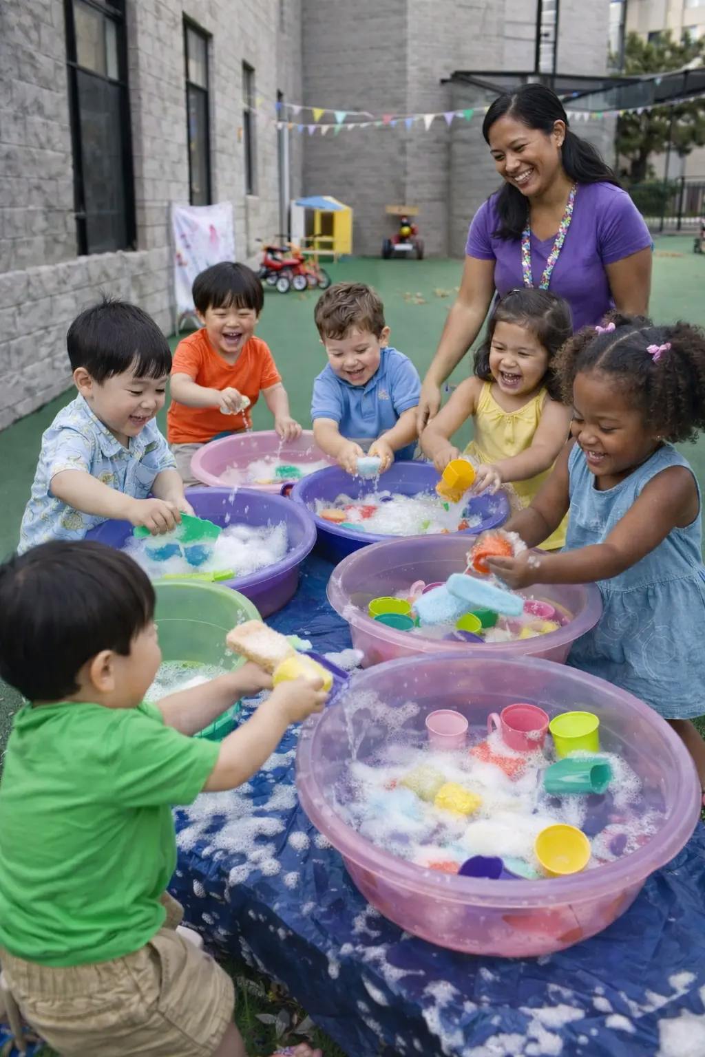 Teacher and multiple children playing with bubbles in plastic tubs