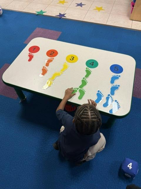 Child matching paper footprints to numbered circles on a classroom table