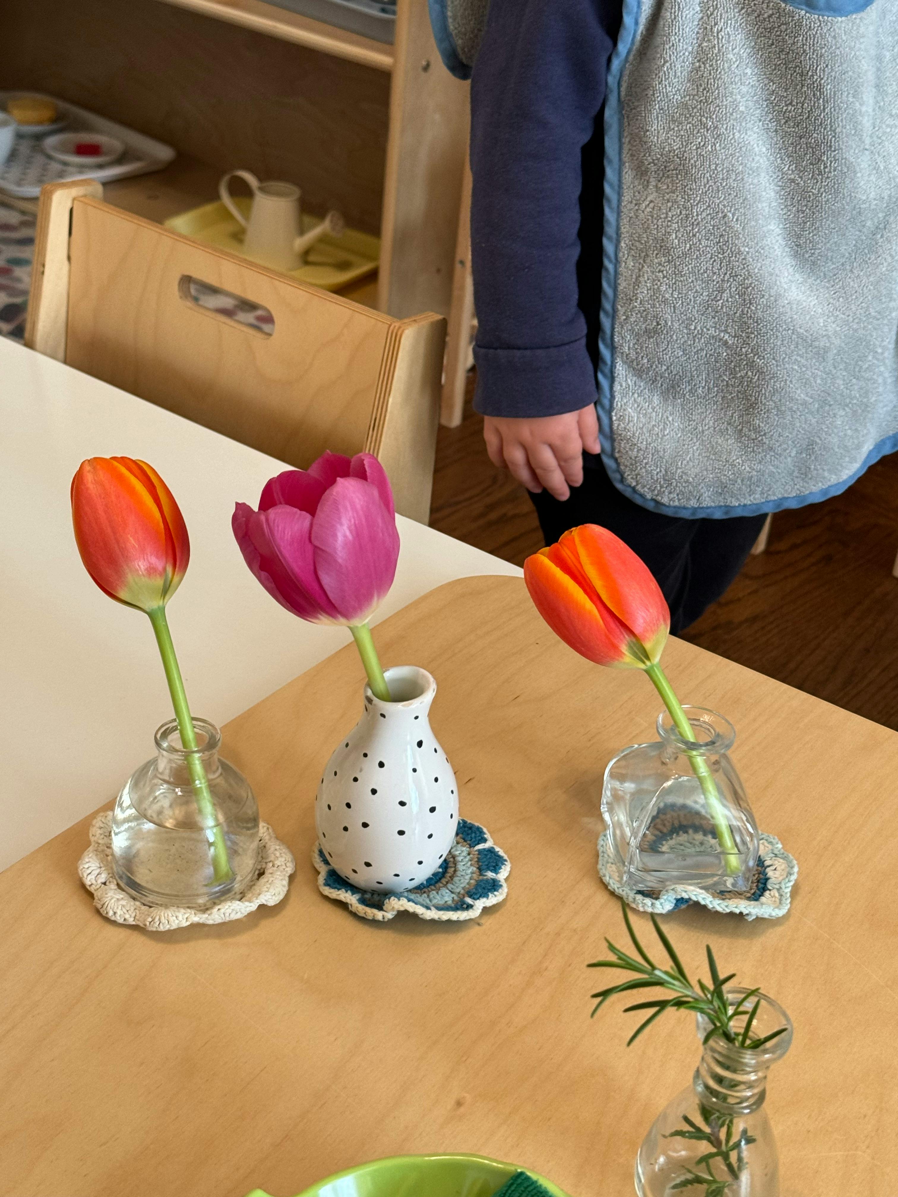Three tulips in small vases on a wooden table
