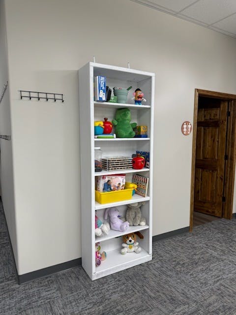white bookcase filled with toys and books