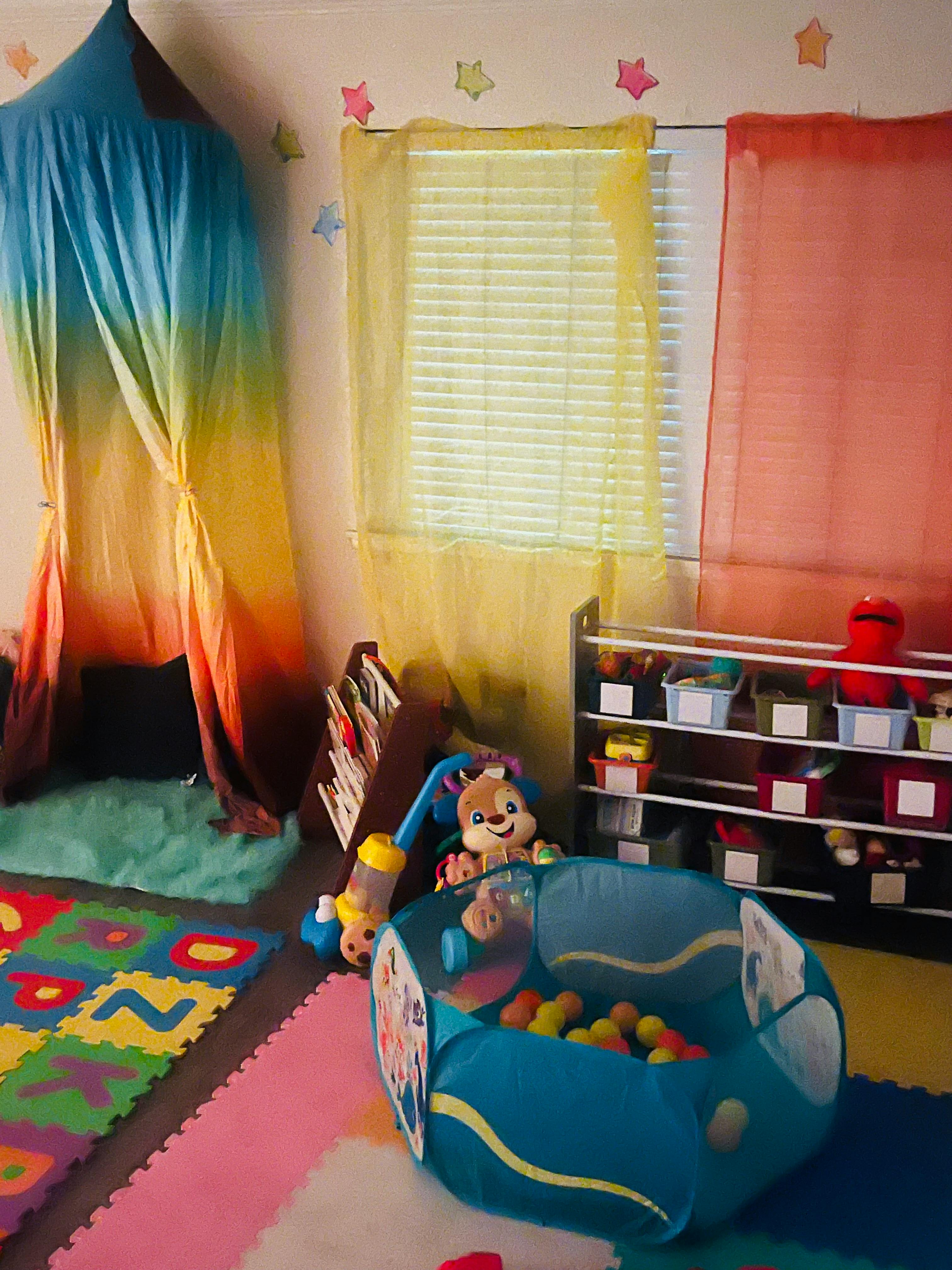 Child's play area with a ball pit, play mat, and canopy