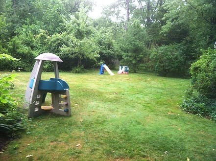 Play structure and slides on a grassy lawn