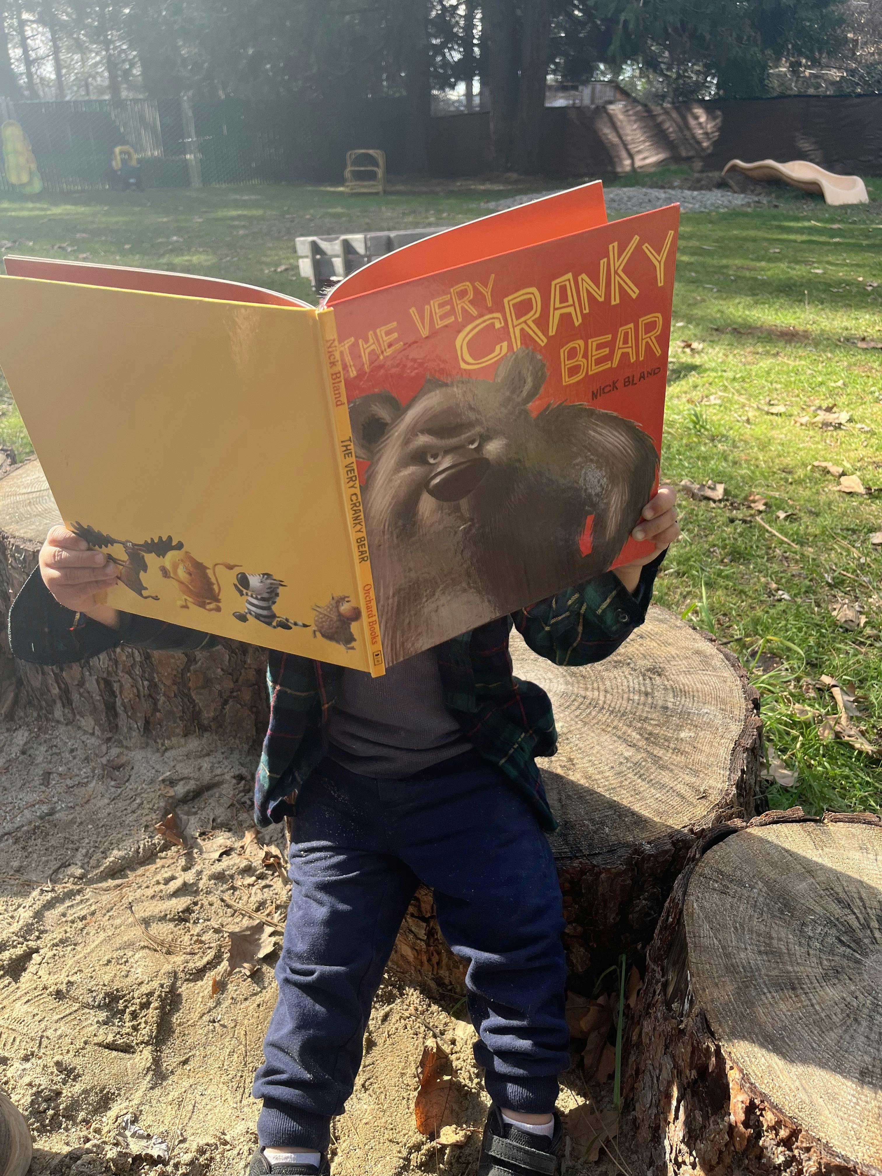 Child sitting on tree stumps, reading 'The Very Cranky Bear' book