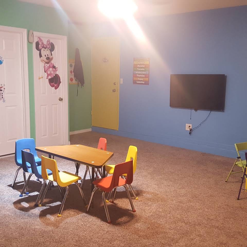 Children's table and chairs in a room with colorful walls