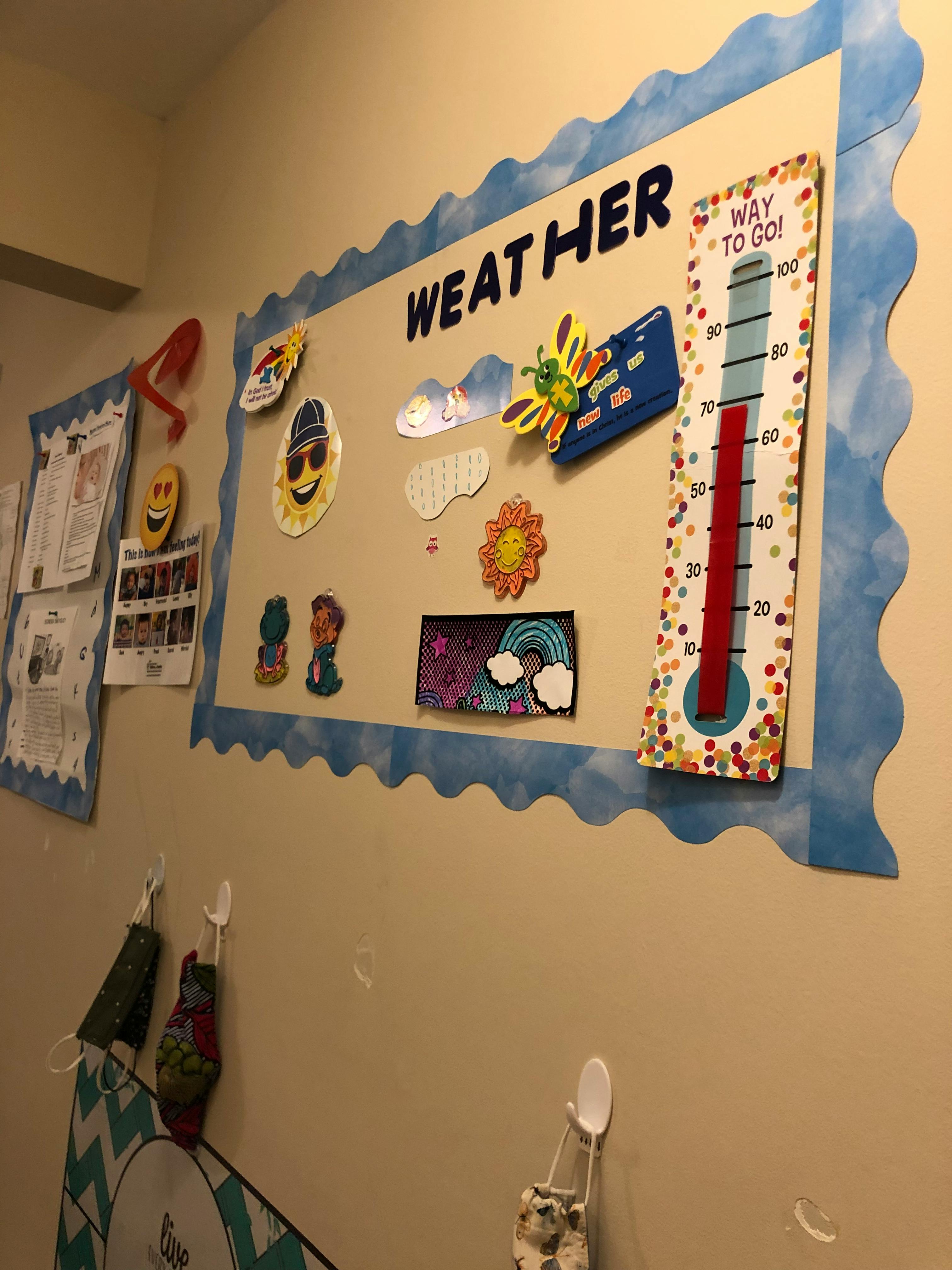 Weather bulletin board with a thermometer and various cutouts