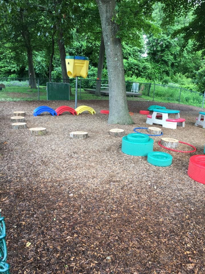 Playground with wood chips, tree stumps, and colorful play equipment