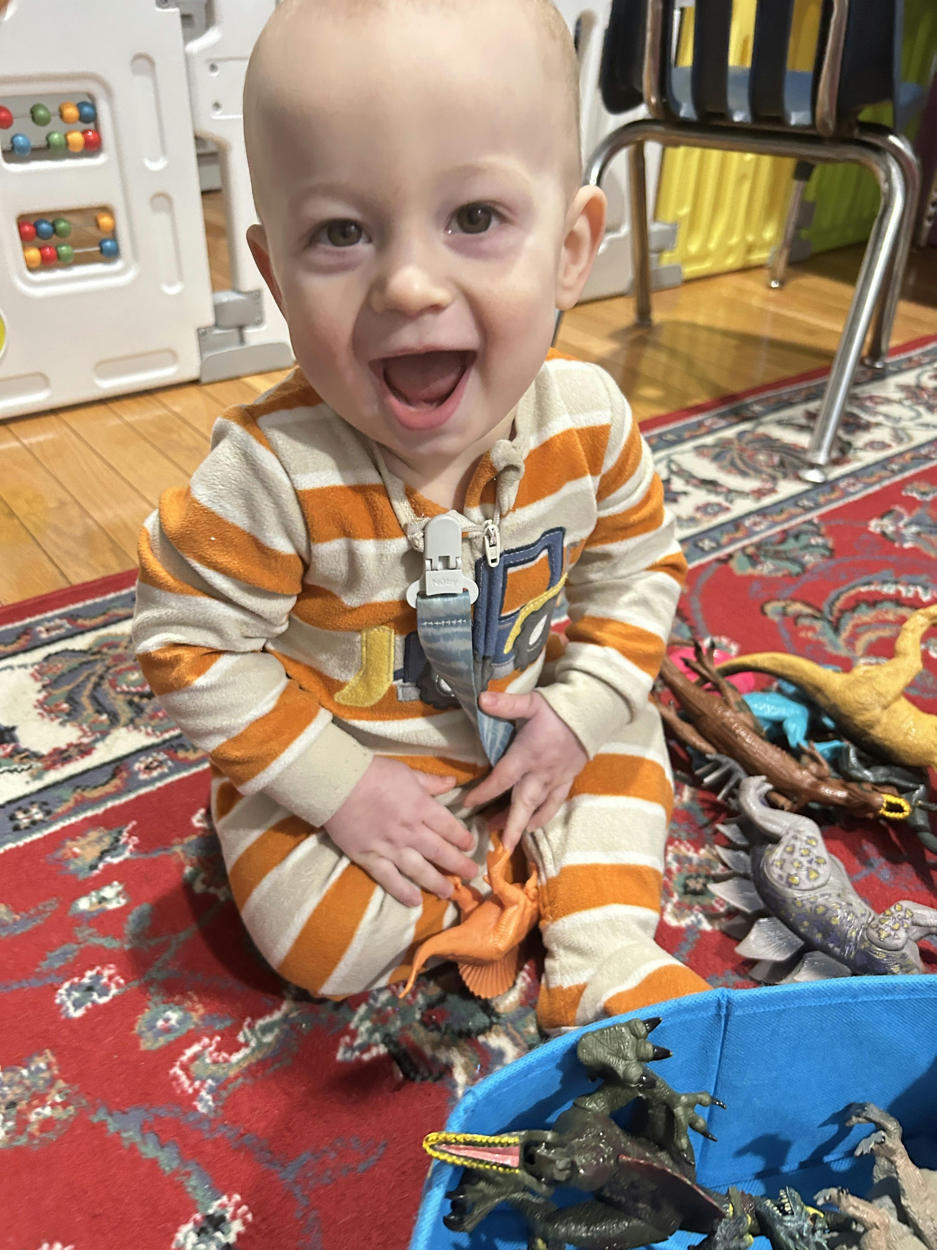 Child sitting on a rug with toy dinosaurs