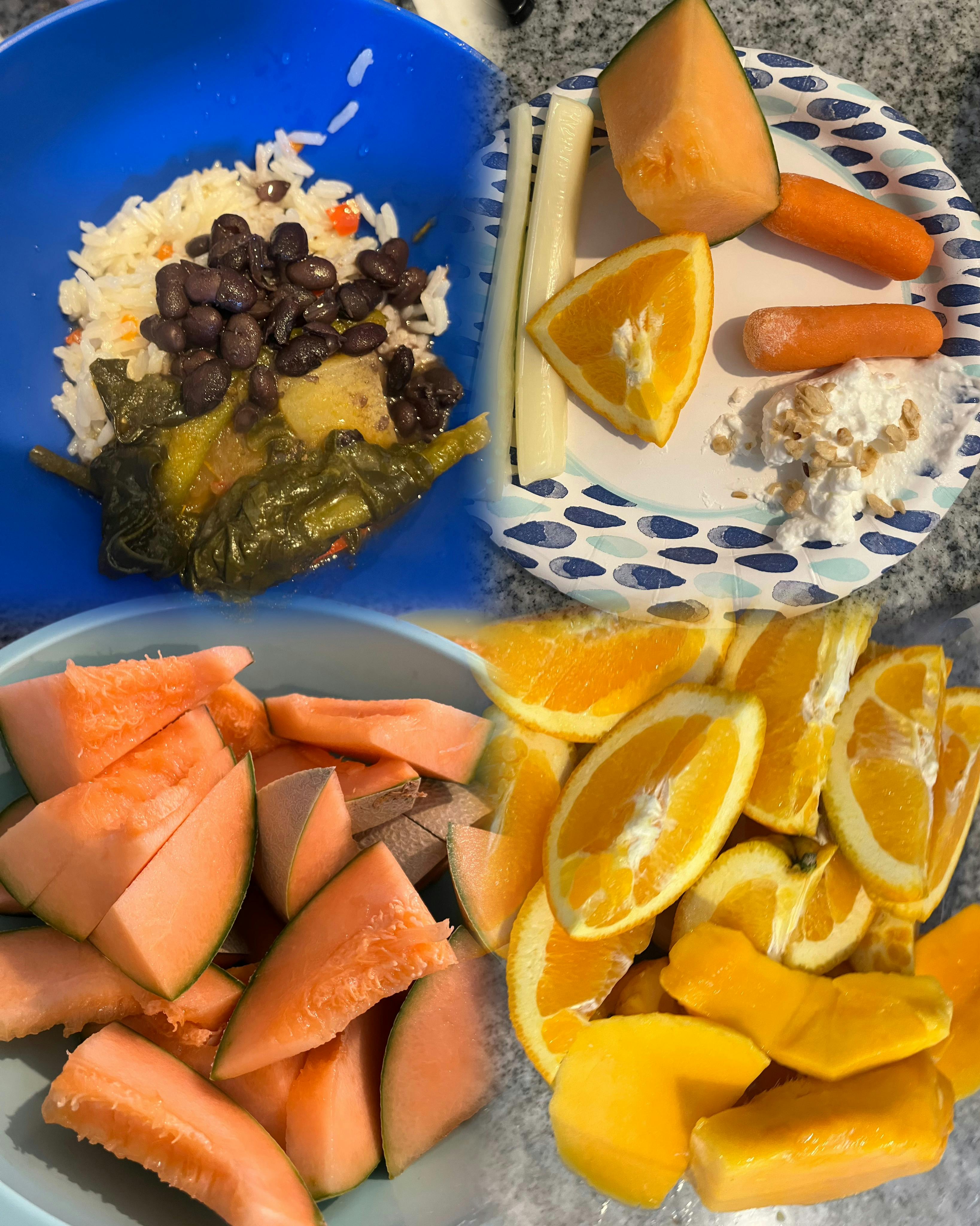 Collage of food including rice and beans, cantaloupe, oranges, and carrots