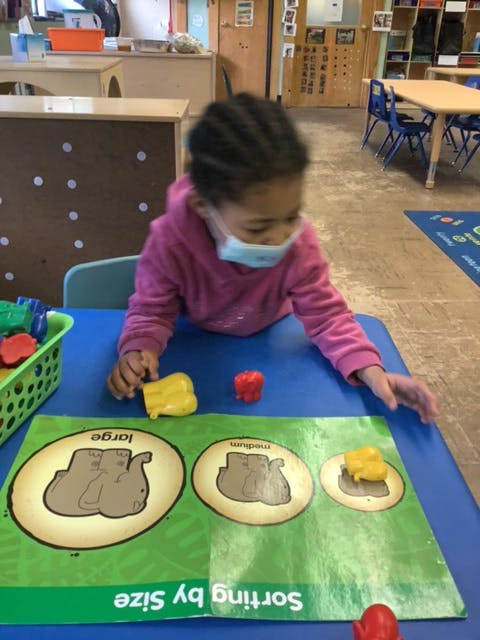 Child in a mask sorting objects by size on a mat
