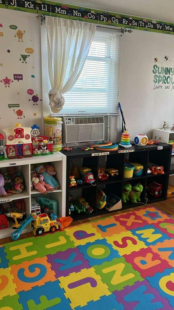 Playroom with toys organized on shelves and an alphabet floor mat
