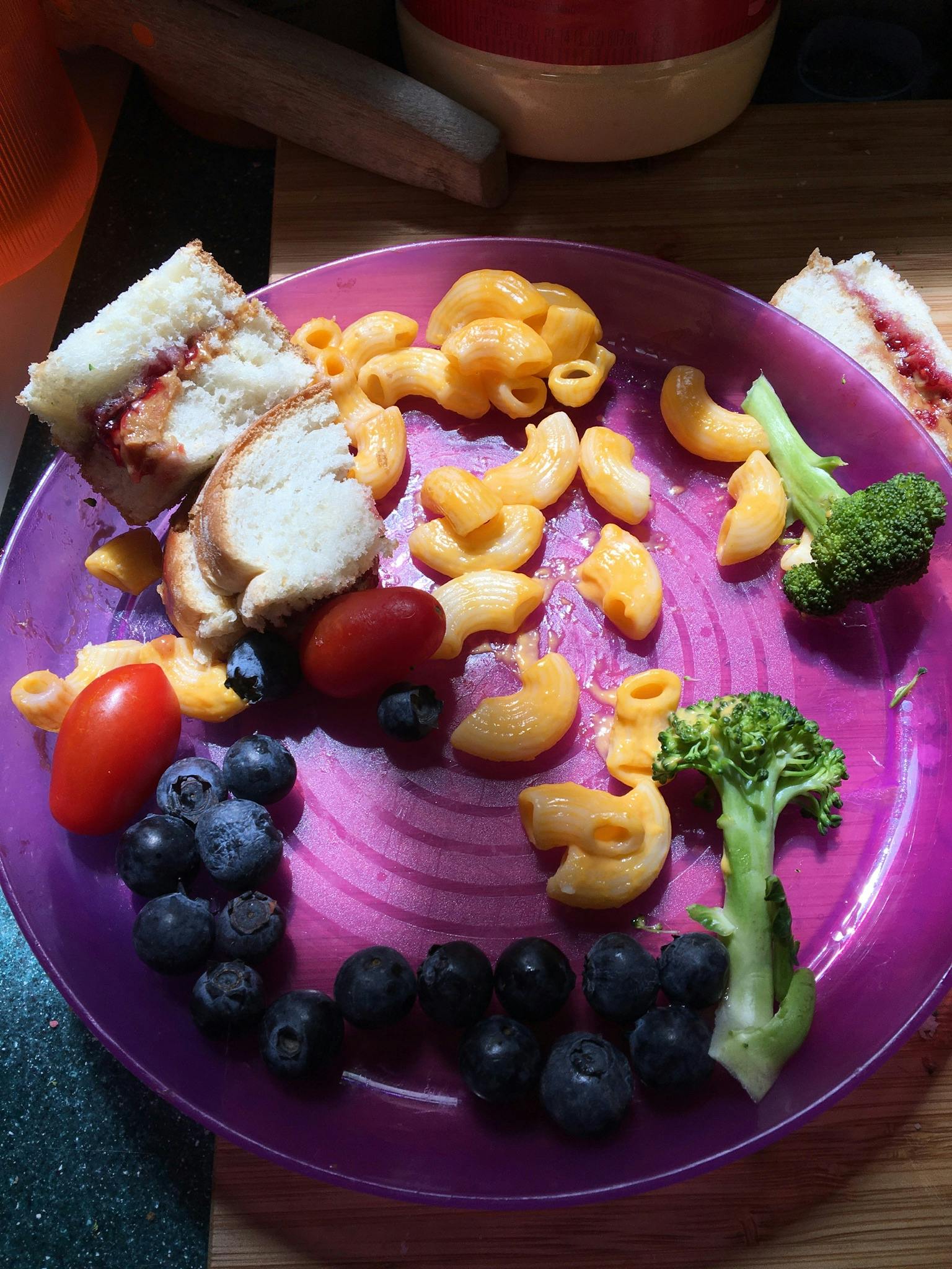 Purple plate with macaroni and cheese, blueberries, tomatoes, broccoli, and sandwich