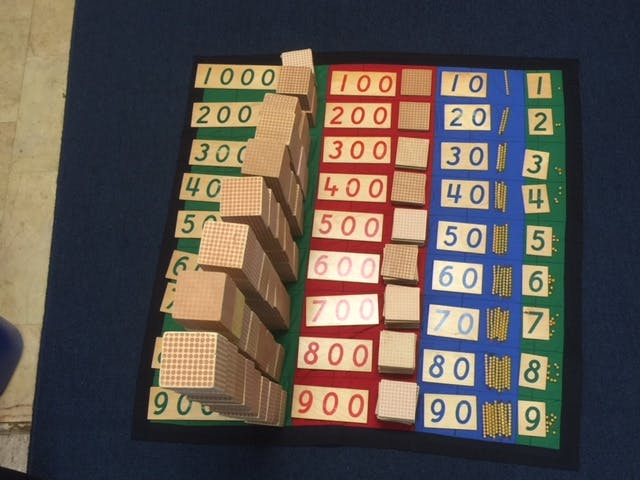 Montessori golden beads and number cards for math education
