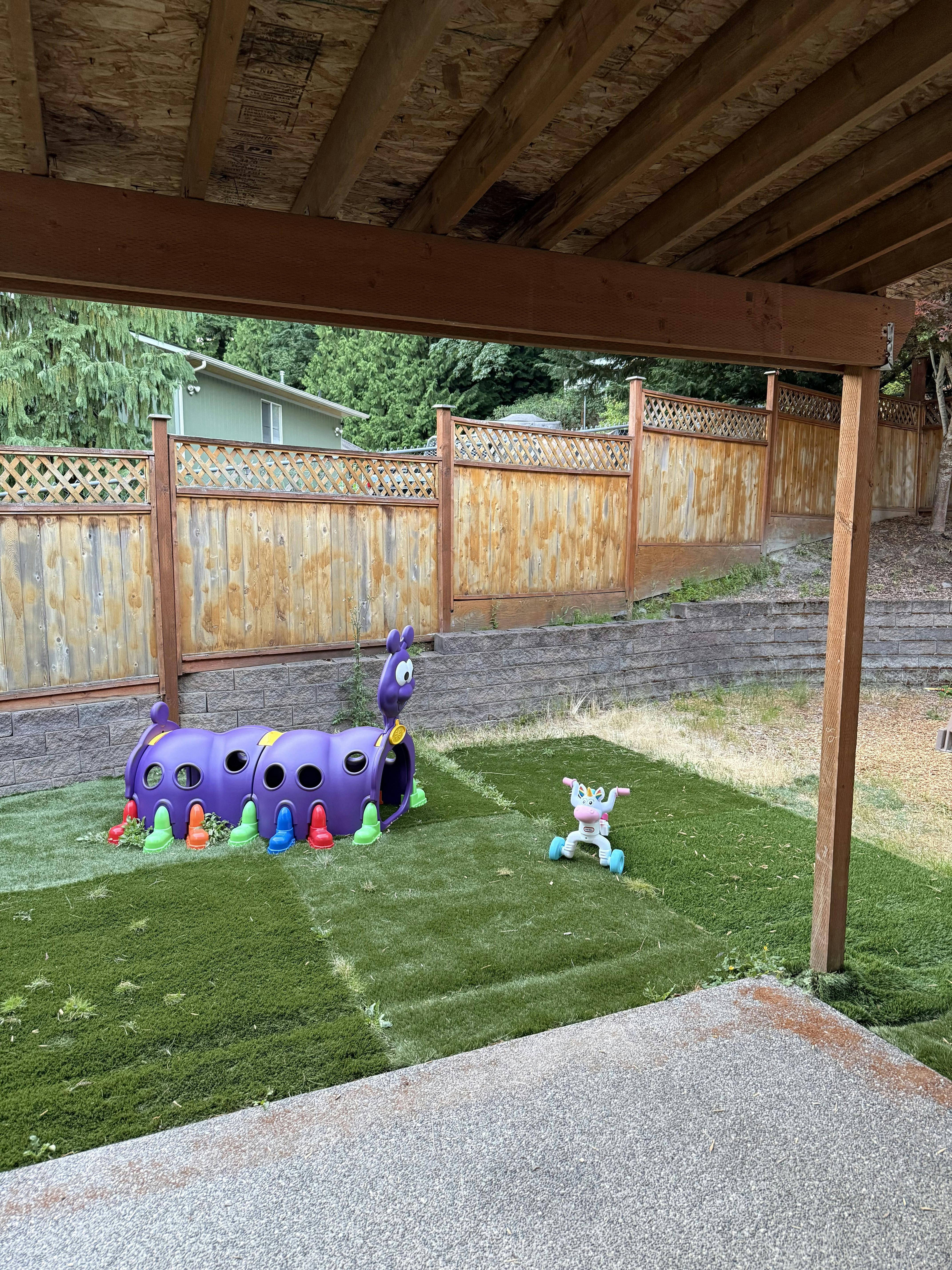 Caterpillar tunnel and ride-on toy on backyard artificial grass