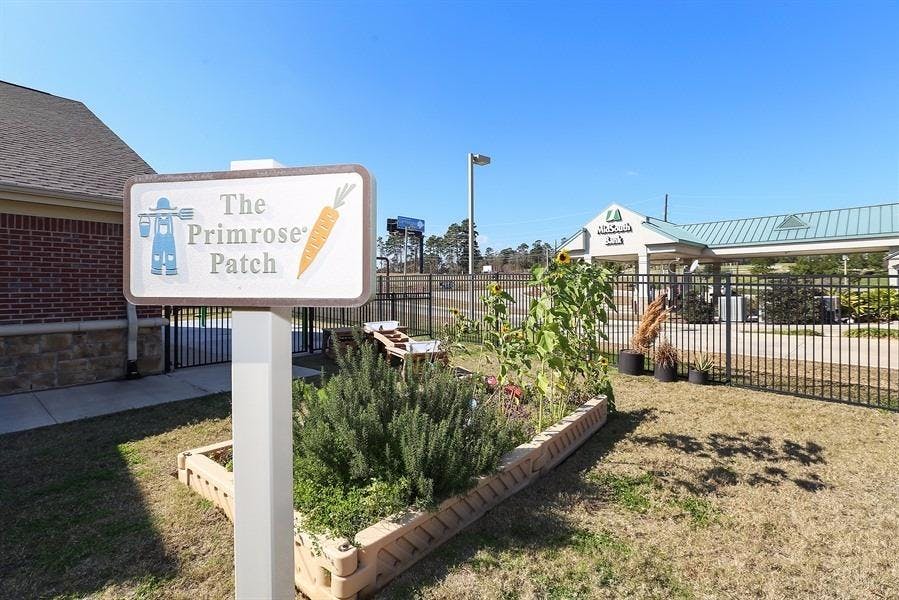 Sign for "The Primrose Patch" garden with a scarecrow and carrot icon