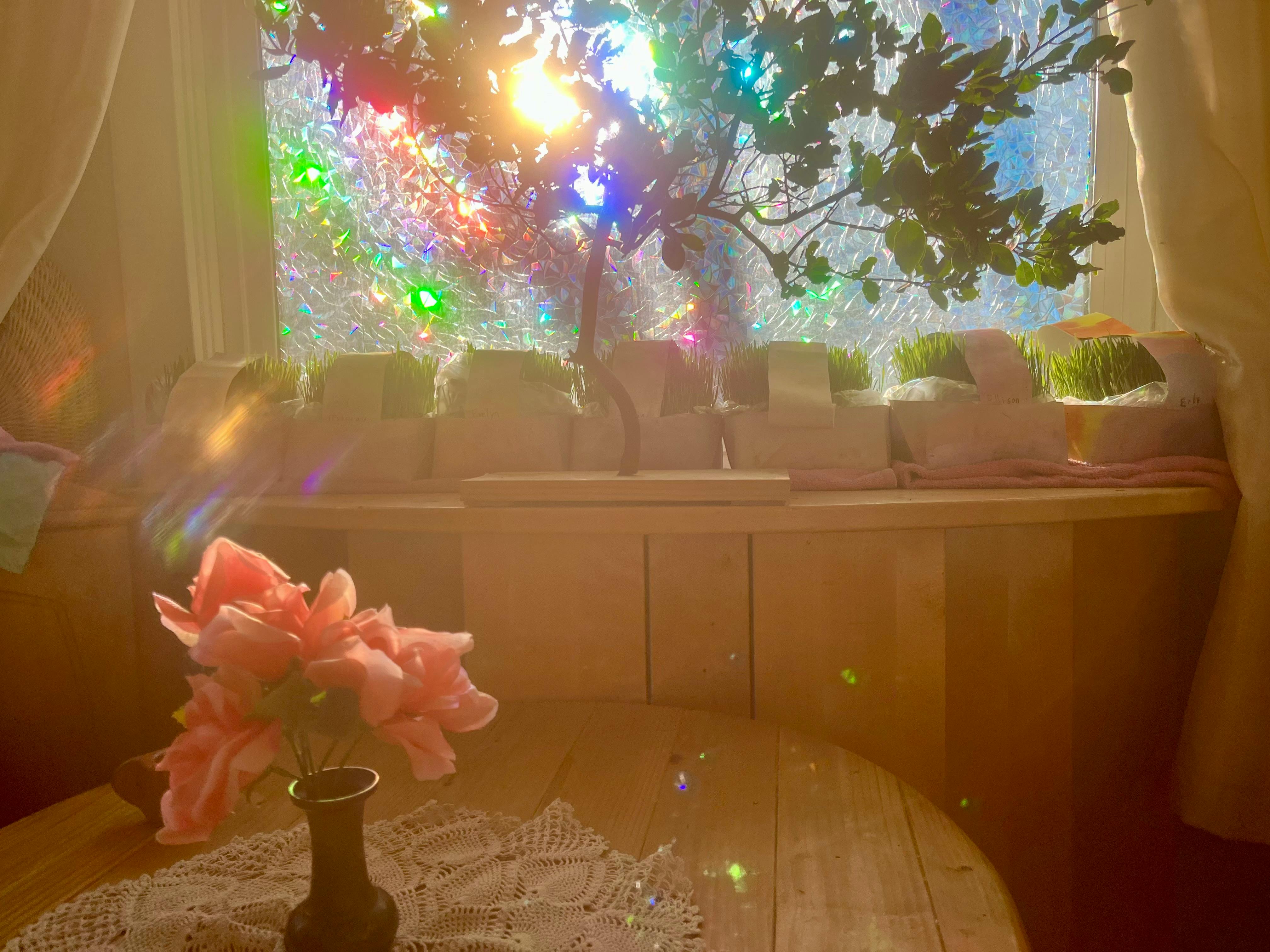 Pink flowers in a vase on a table with a window in the background