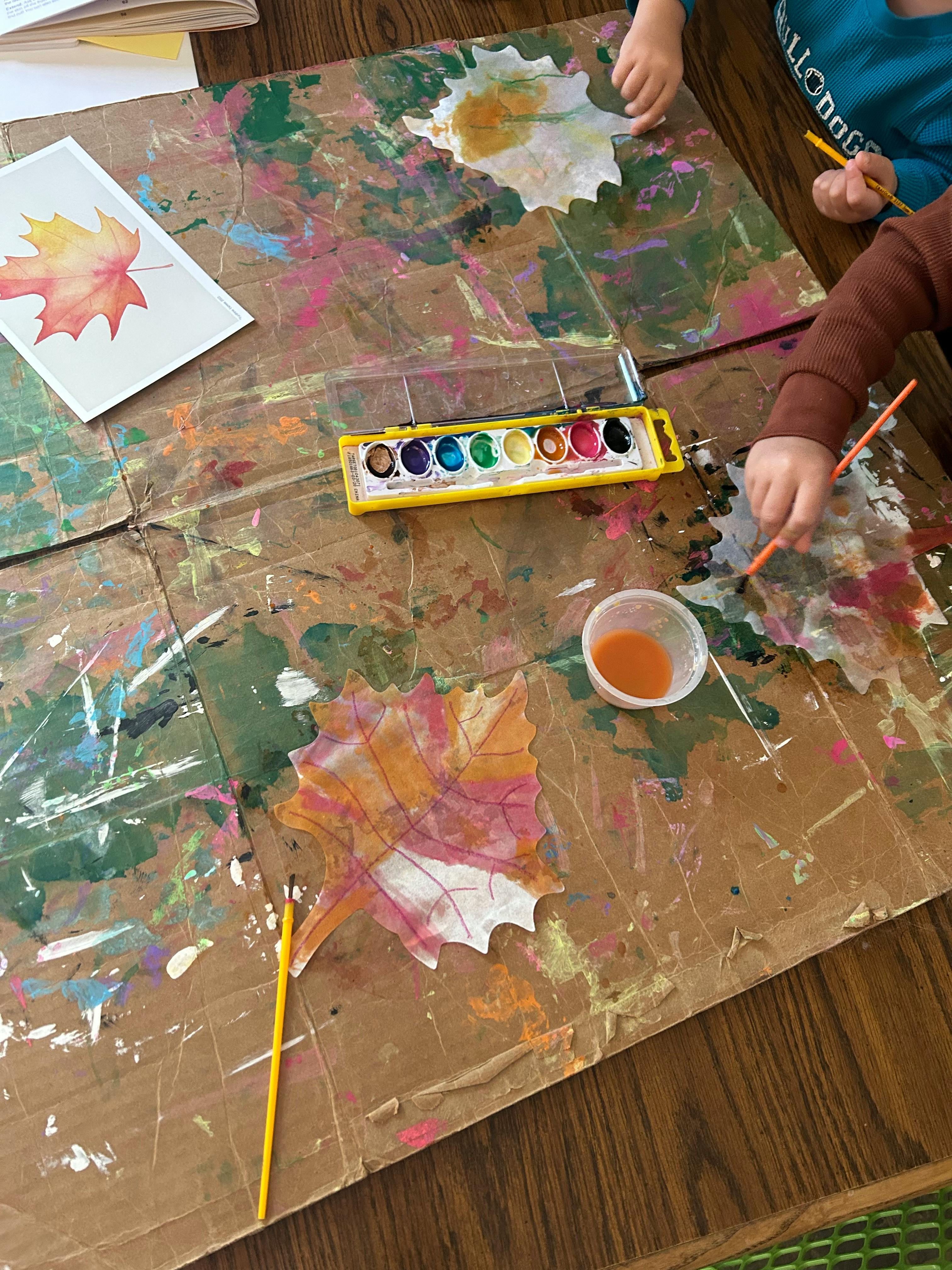 Children painting leaf cutouts with watercolors