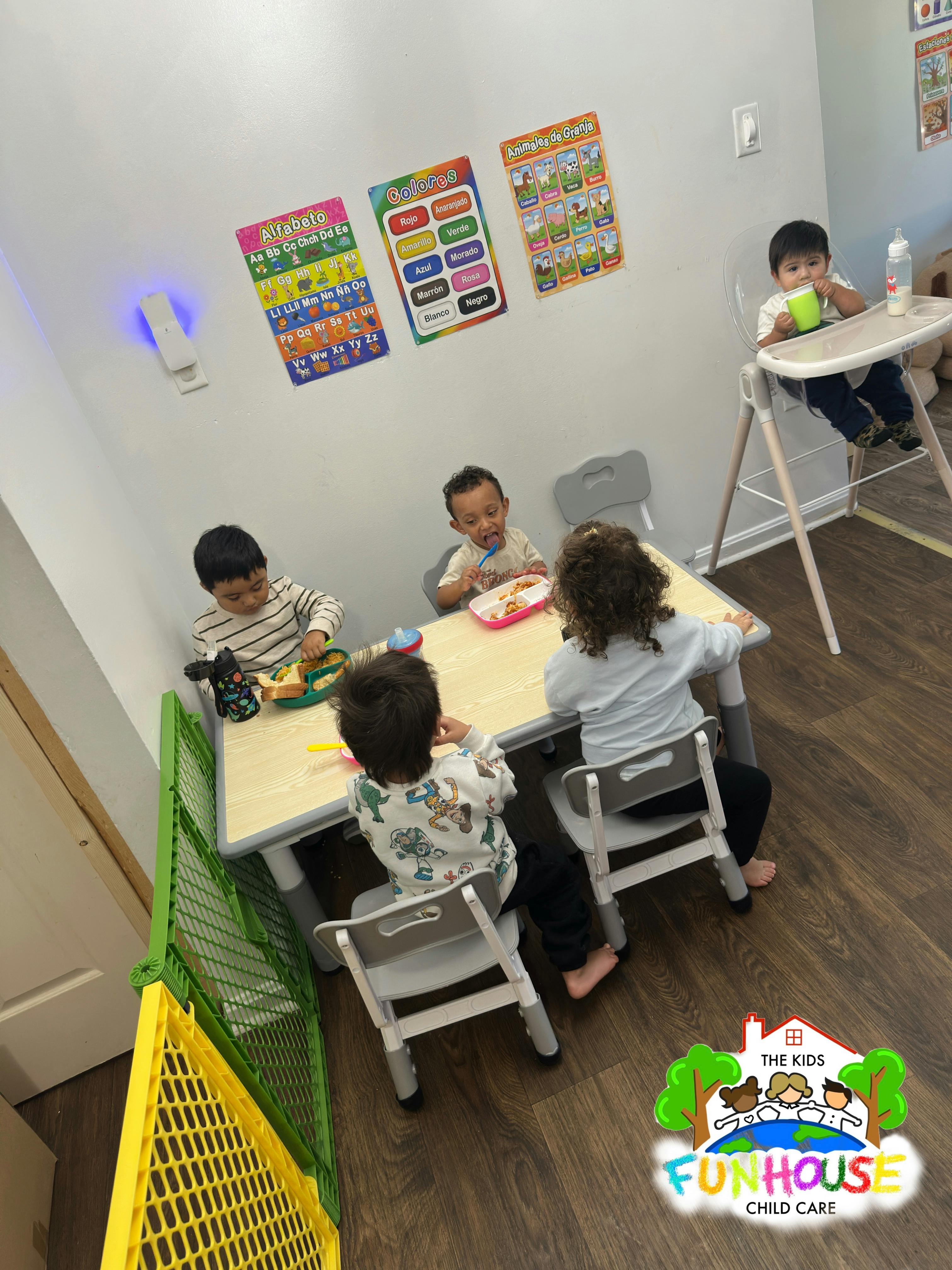 Group of children eating lunch in a daycare classroom