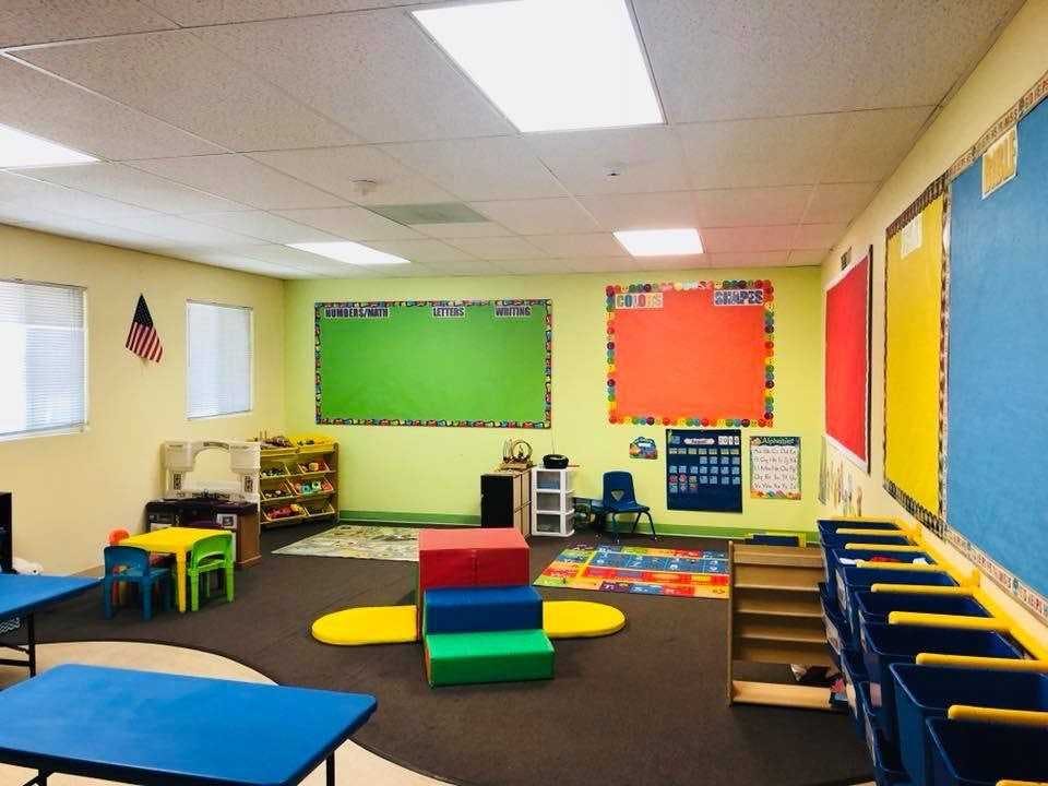 Empty classroom with colorful bulletin boards and small tables