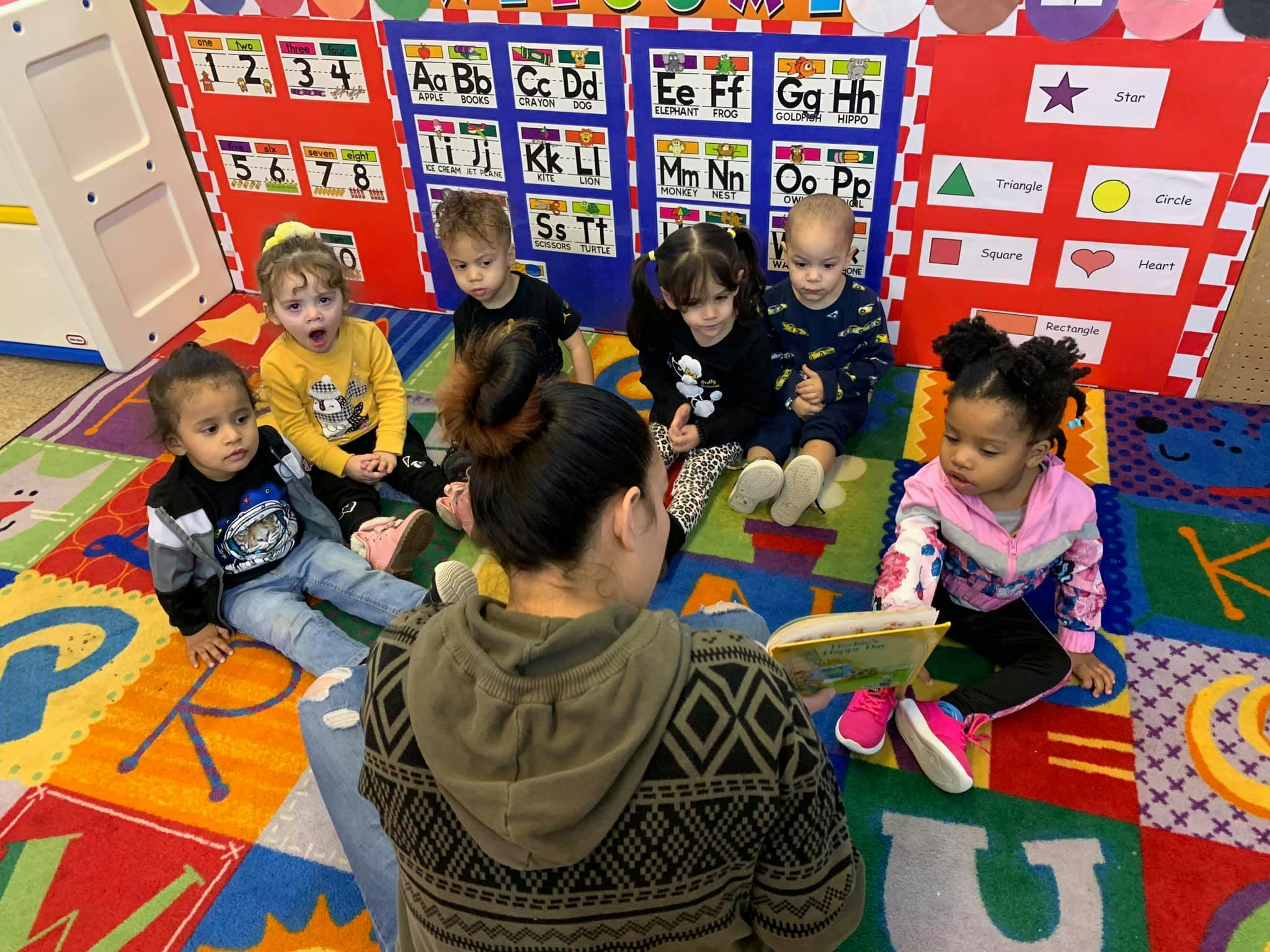Adult reading a book to several children in a classroom