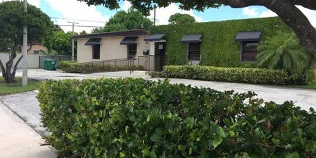 Building with one side covered in green foliage, bushes in foreground