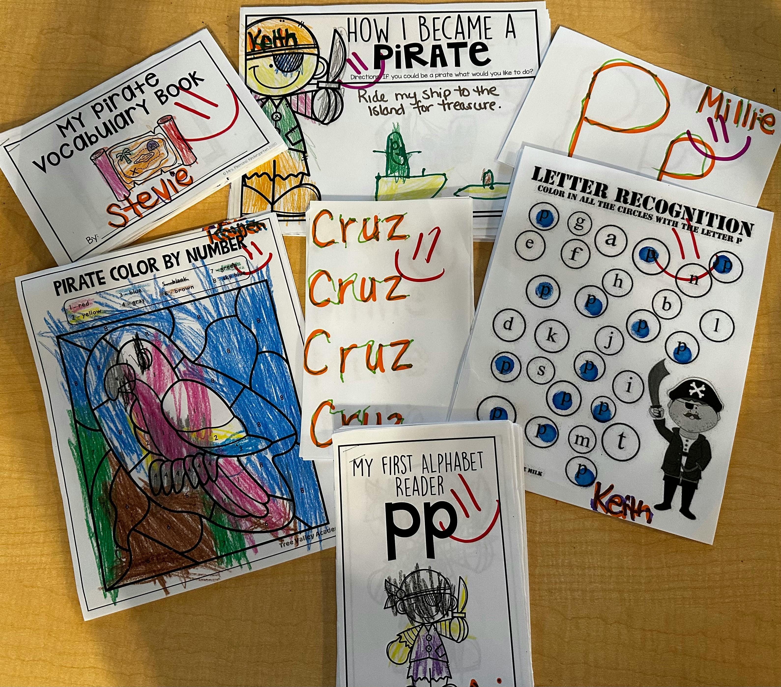 Children's pirate-themed schoolwork and alphabet worksheets
