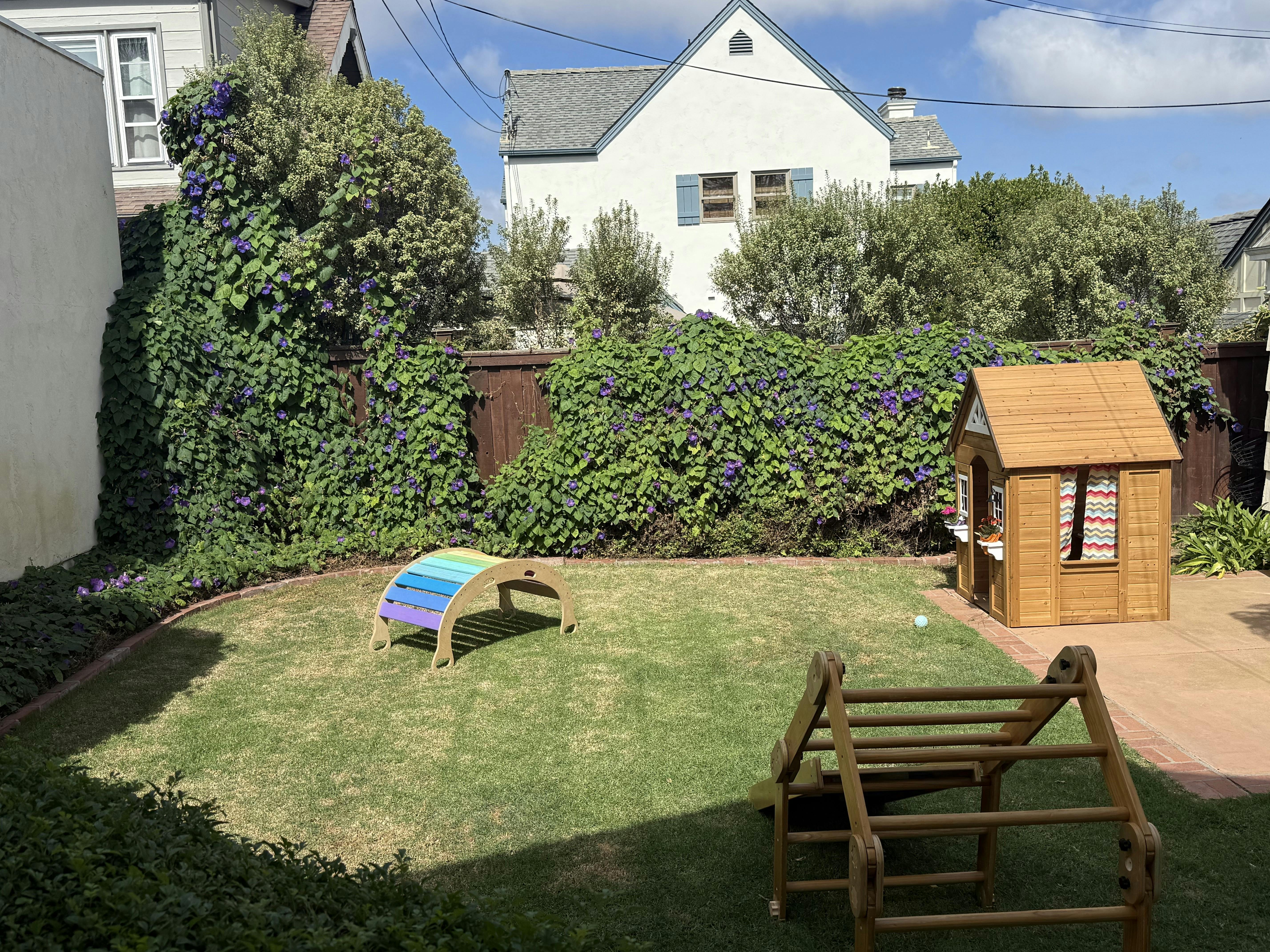 Wooden playhouse and climbing structures in a residential backyard