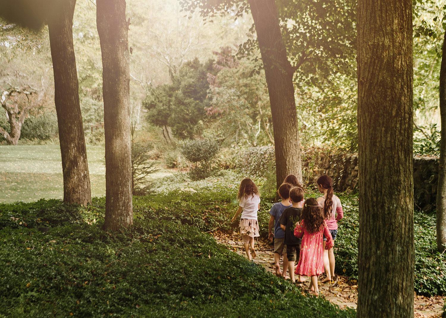 Group of children walking on a path through a wooded area
