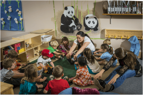 Adult and children sitting on floor in a circle