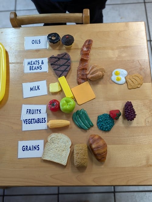 Plastic toy food arranged on a table with labels for food groups