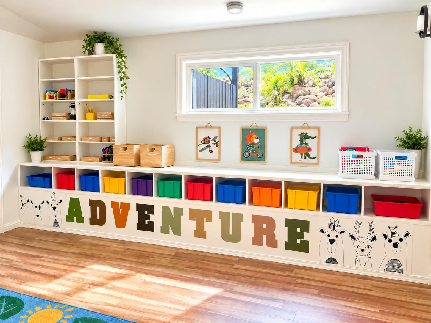Childcare classroom with colorful storage bins and Adventure sign