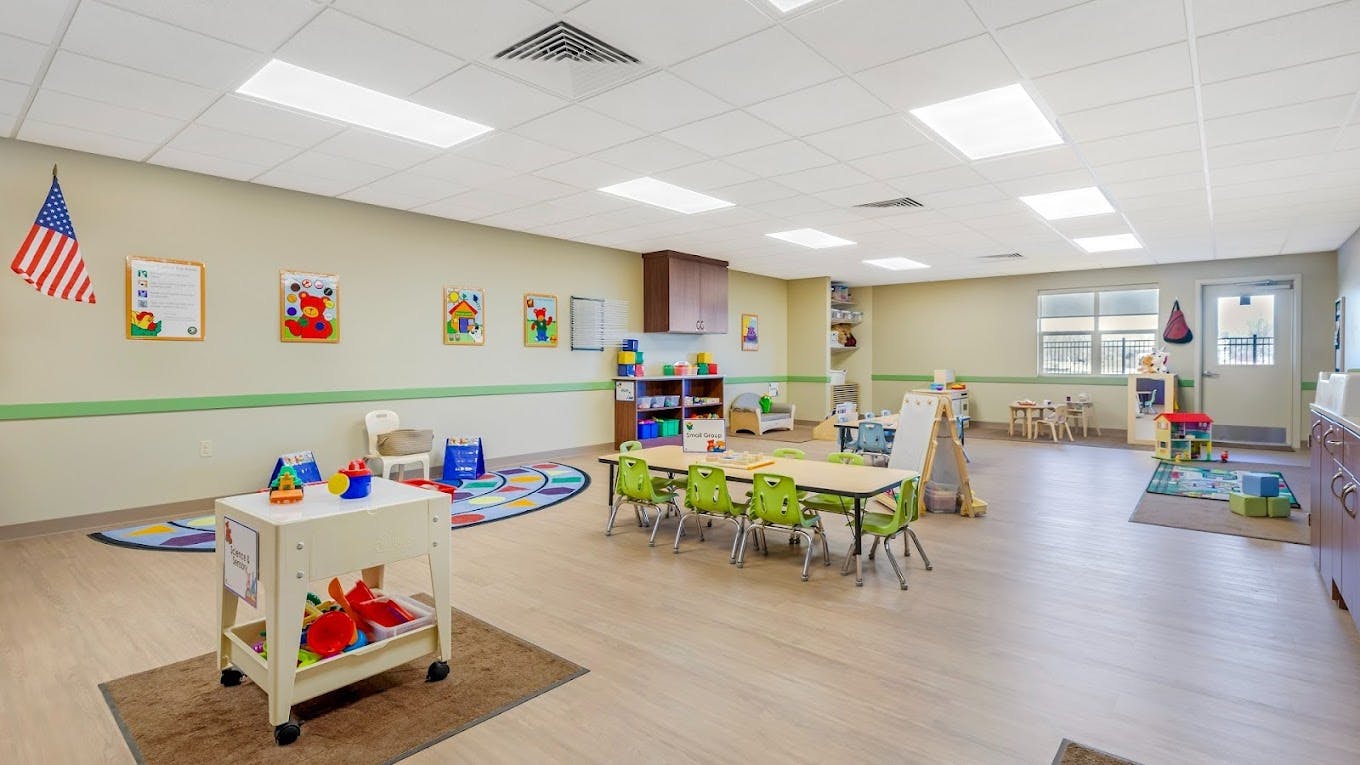 Empty classroom with small tables and chairs