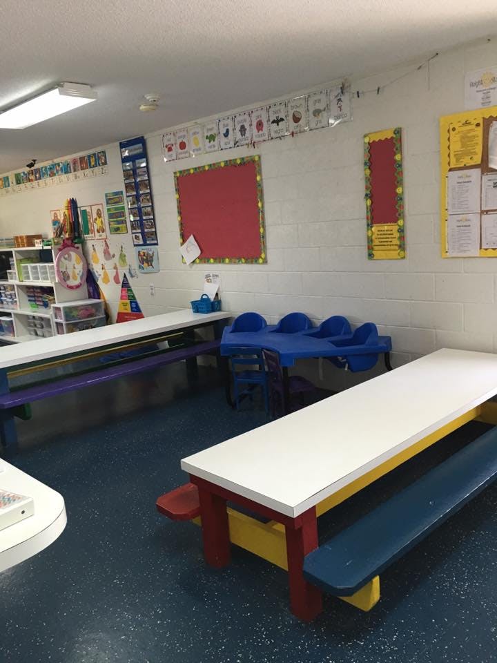 Classroom with colorful tables and benches
