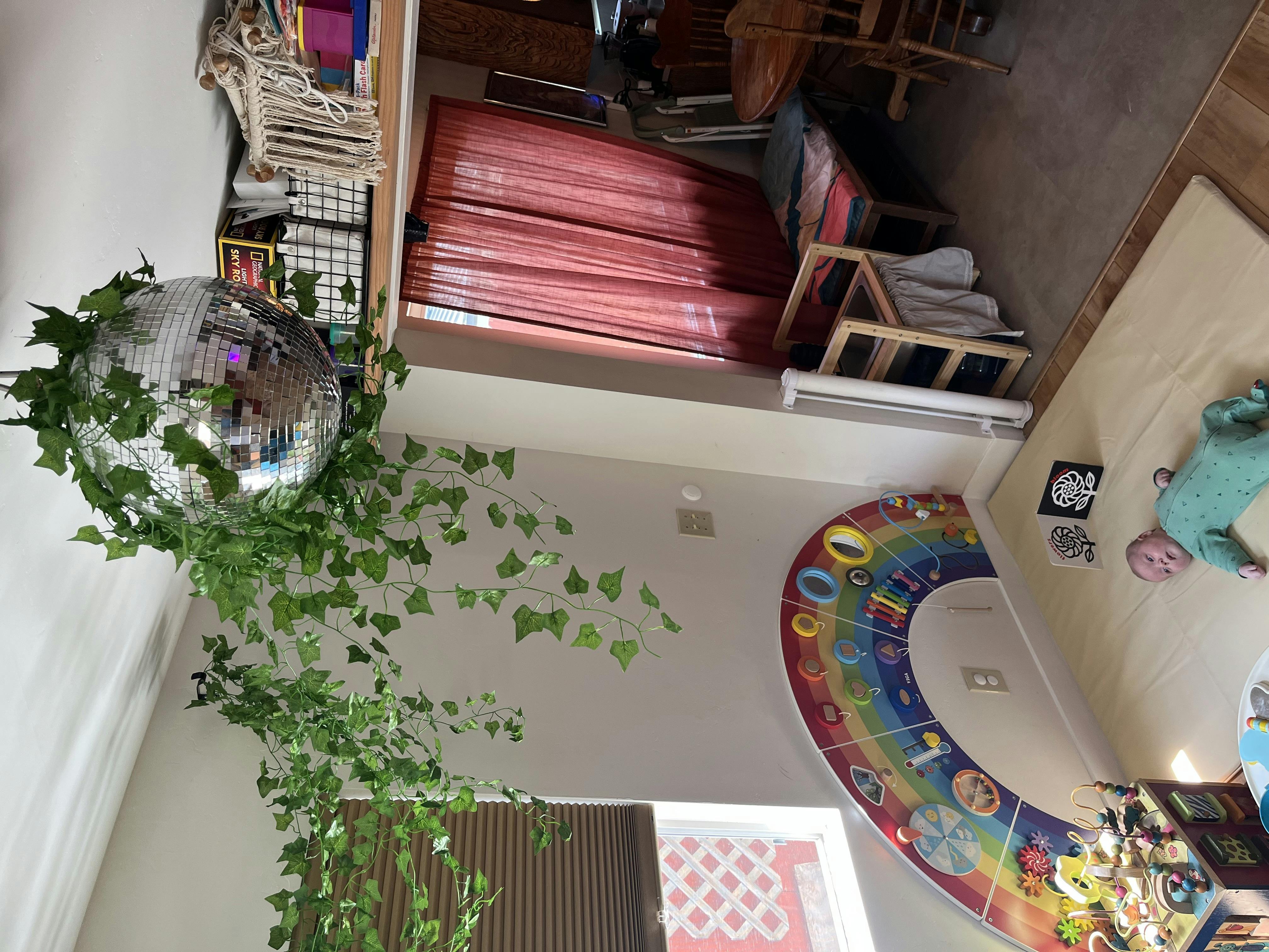 Disco ball with green vines hanging from the ceiling