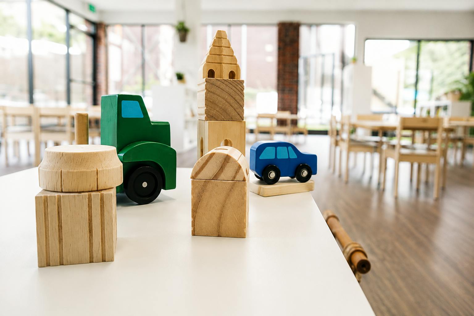 Wooden blocks and toy vehicles on a table in a classroom