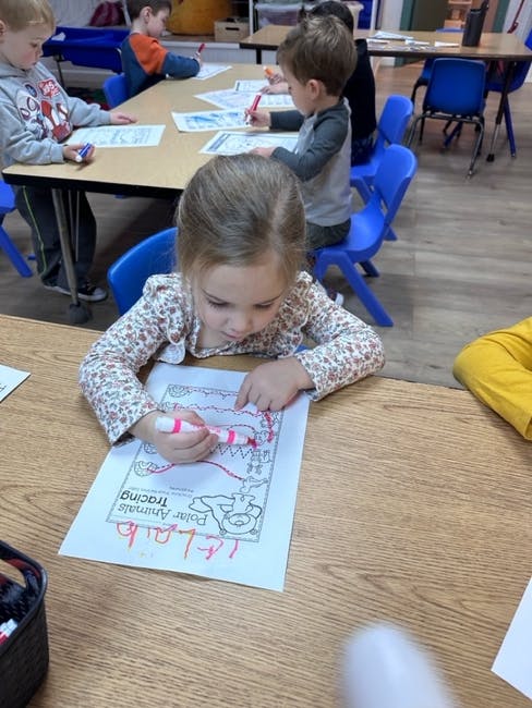Child tracing on a "Polar Animals Tracing" worksheet in a classroom