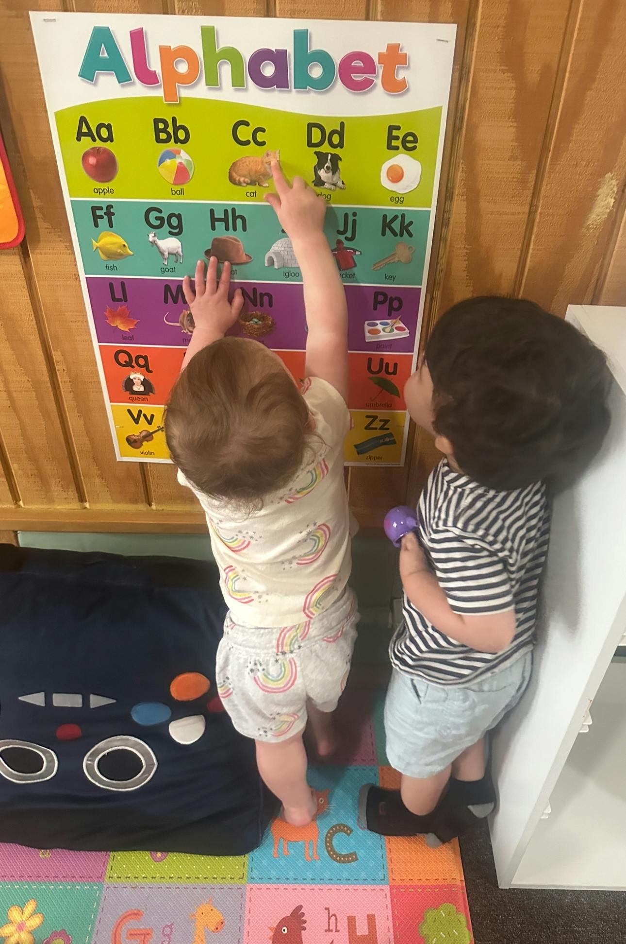 Two children looking at an alphabet chart
