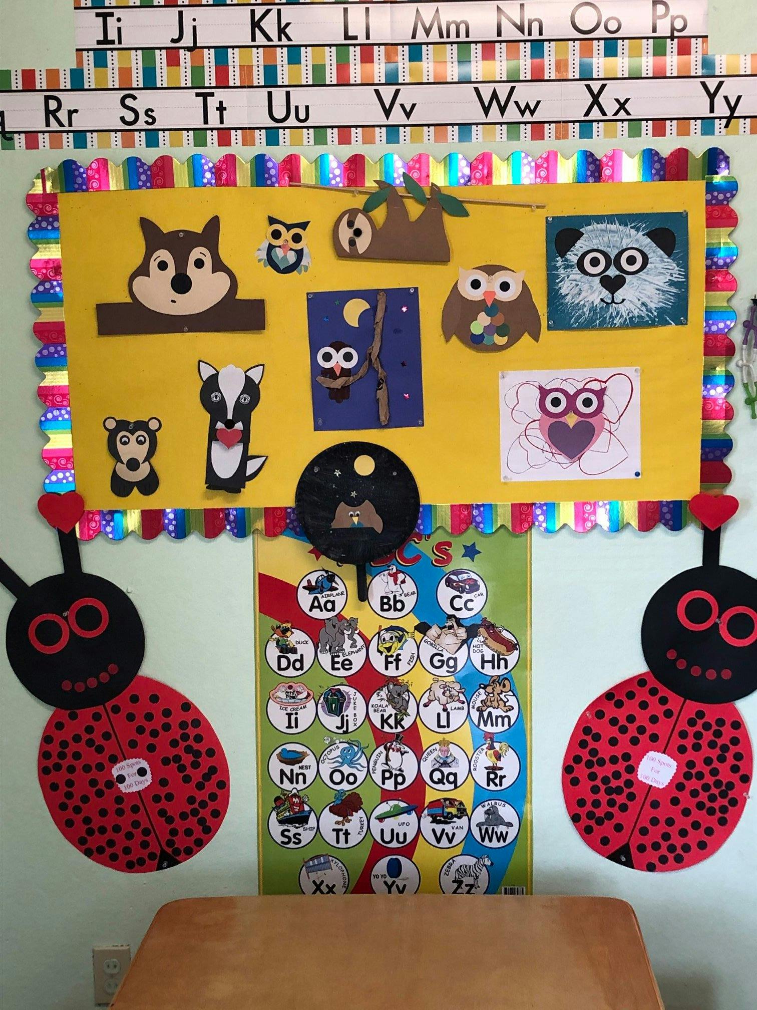 Classroom wall with alphabet chart, animal cutouts, and ladybug decorations