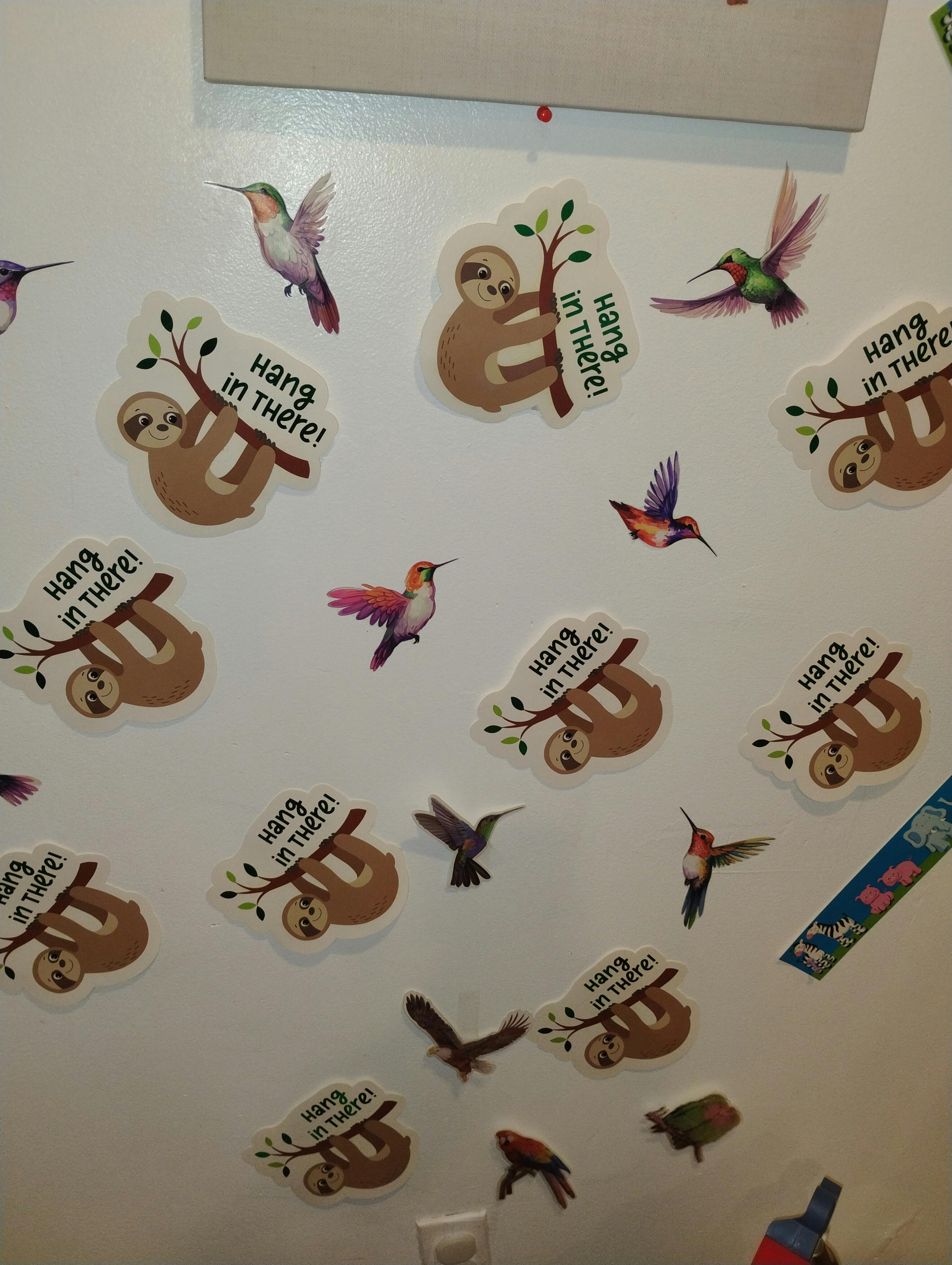 Sloth and hummingbird stickers on a wall, with text "Hang in There!"