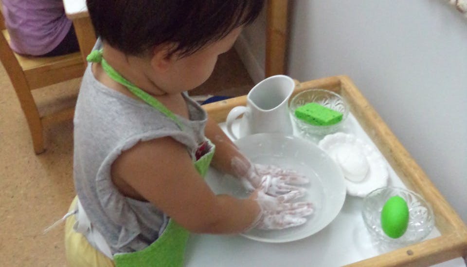 Child in an apron washing hands in a bowl