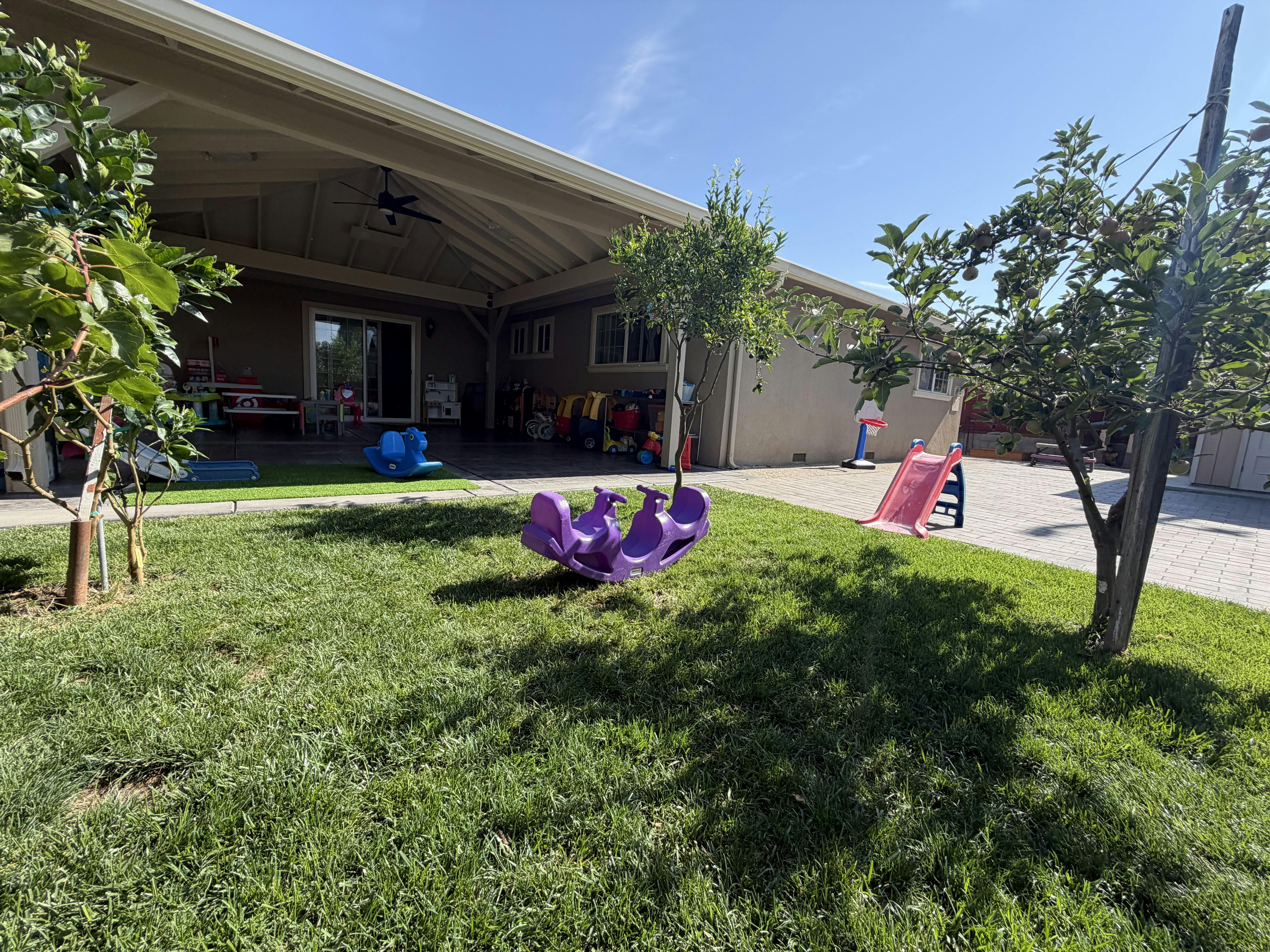 Plastic playground equipment on a residential lawn
