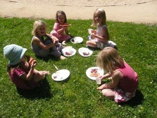 Five children sitting on grass eating from an aerial view
