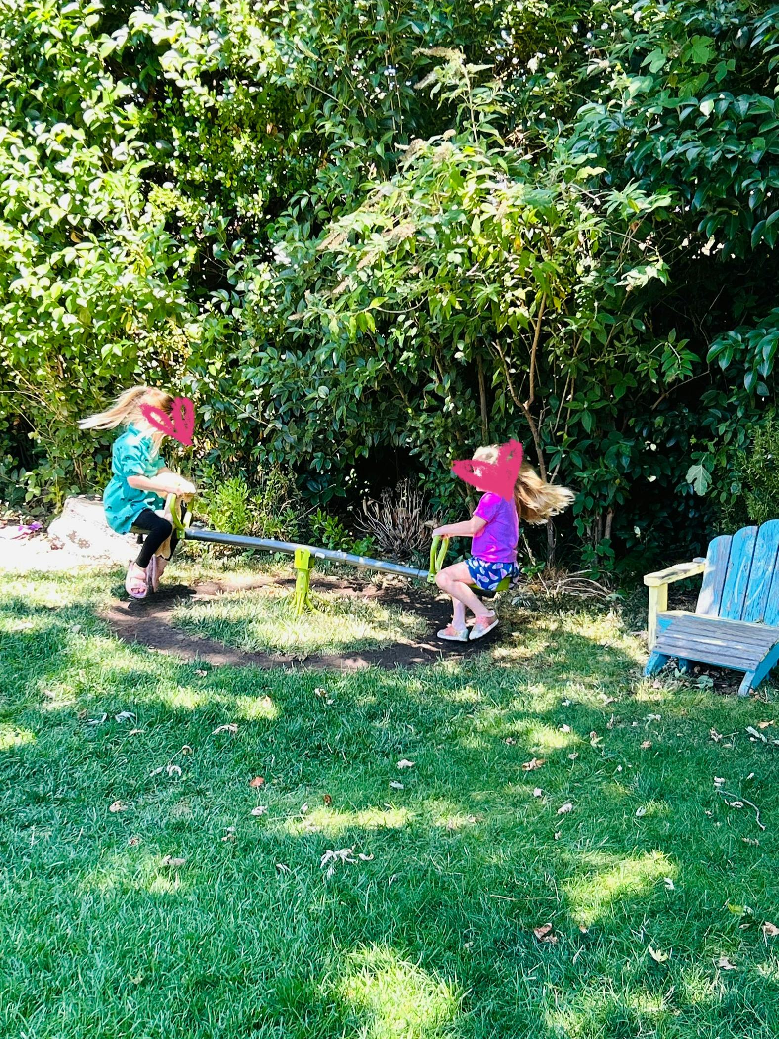 Two children playing on a seesaw in a grassy area