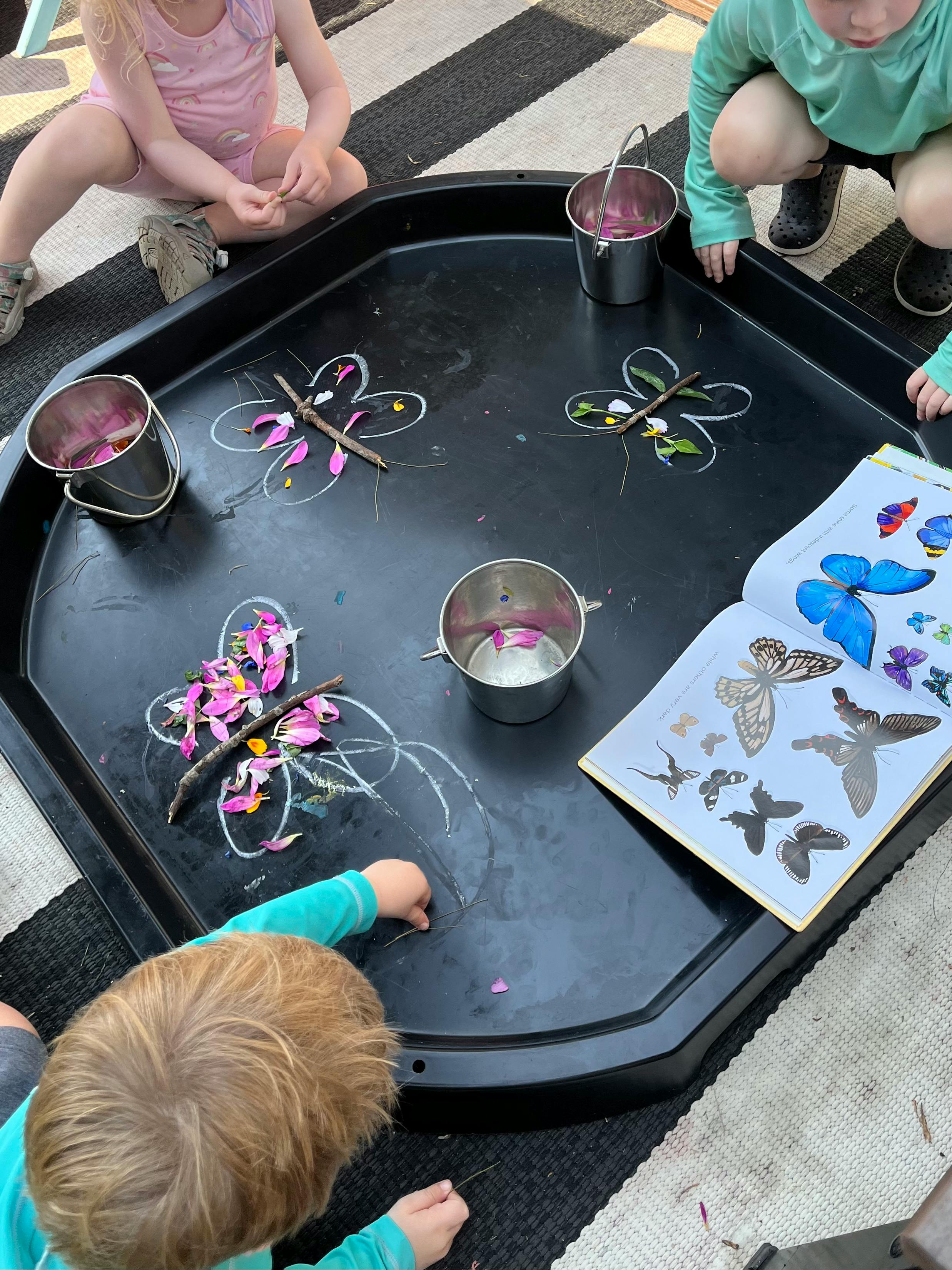 Children playing with butterfly art made from natural materials on a black tray