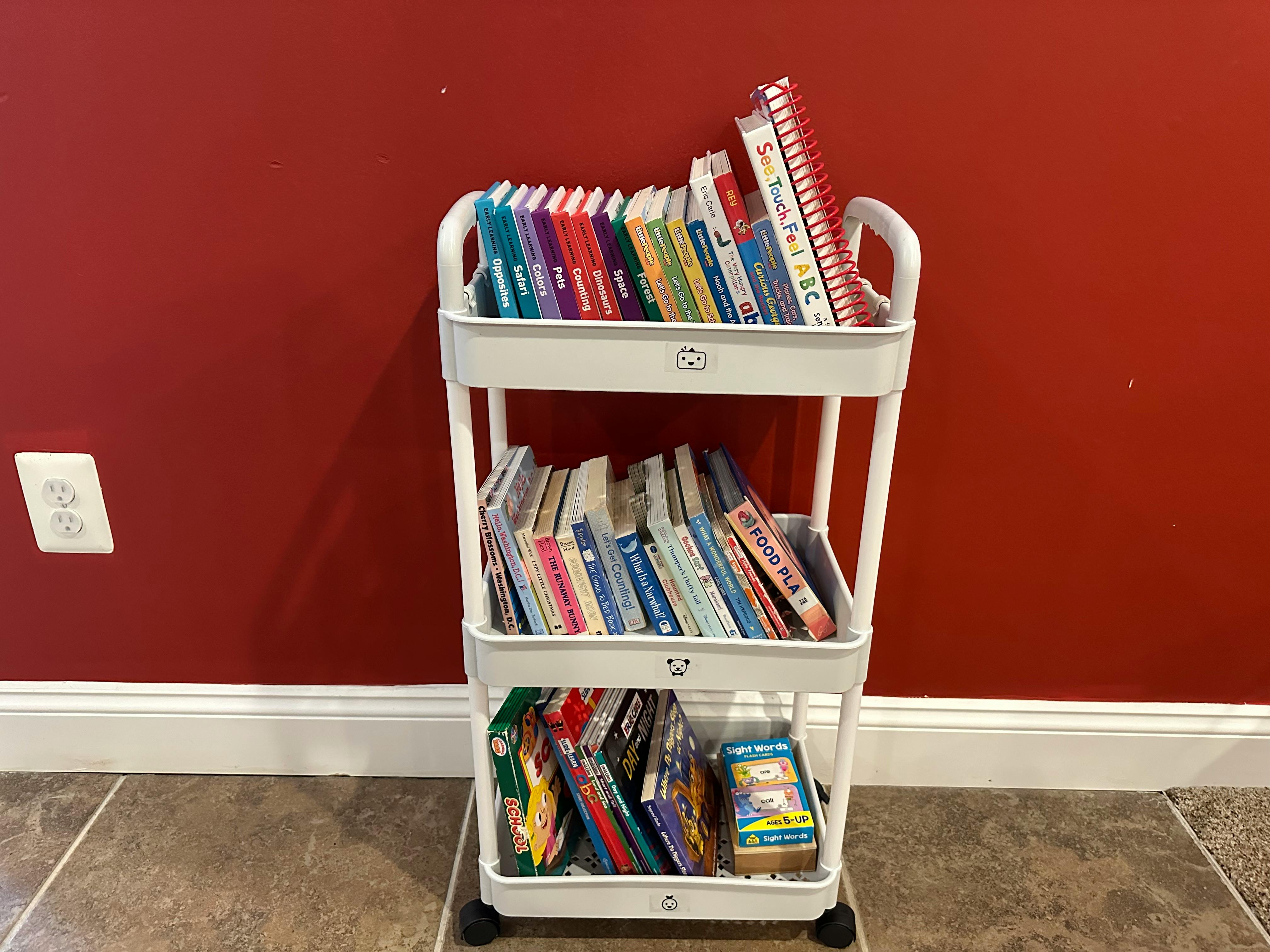 Three-tier rolling cart filled with books