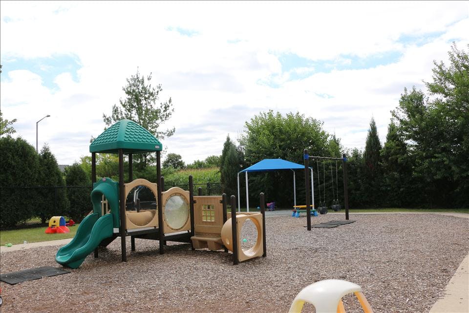 Playground with slides, swings, and blue canopy