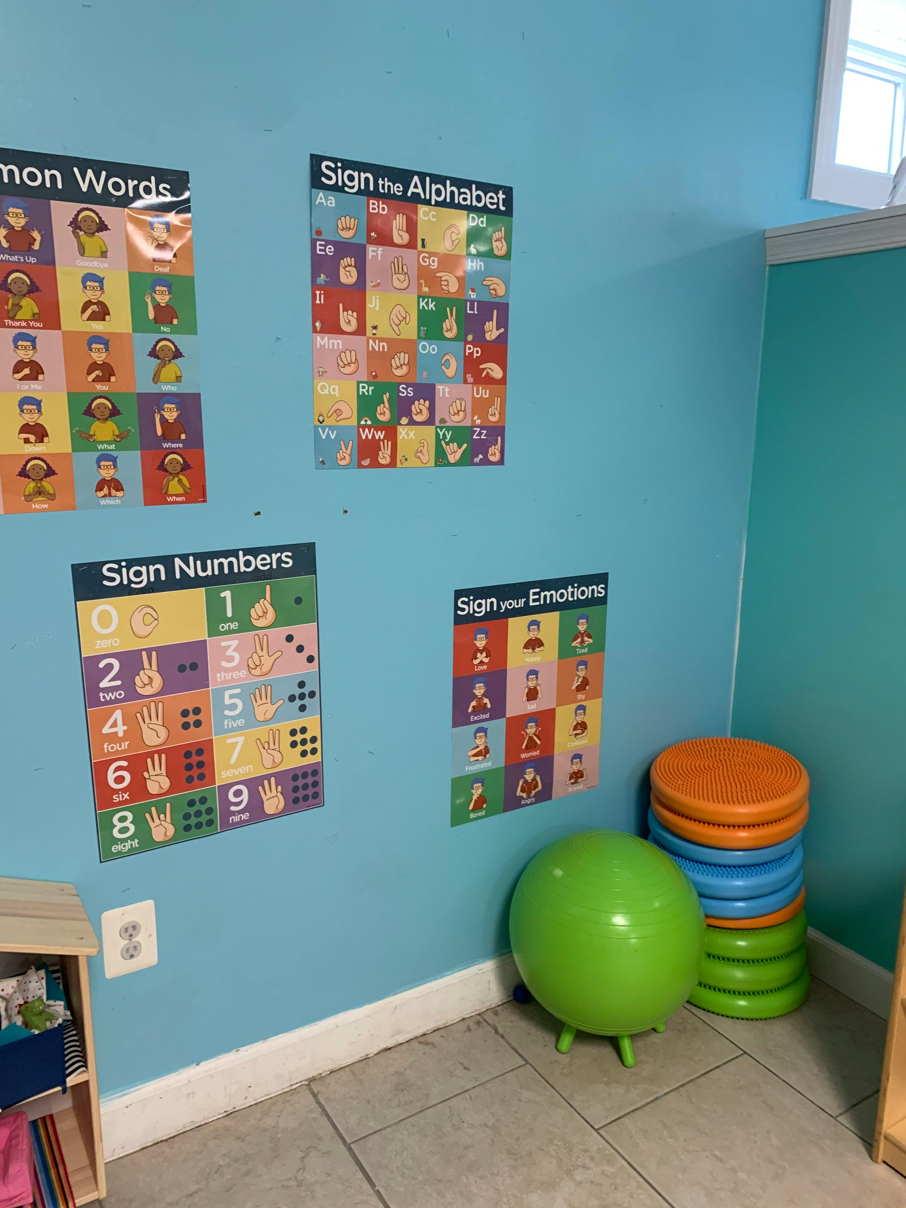 Classroom wall with sign language charts for alphabet, numbers, and emotions