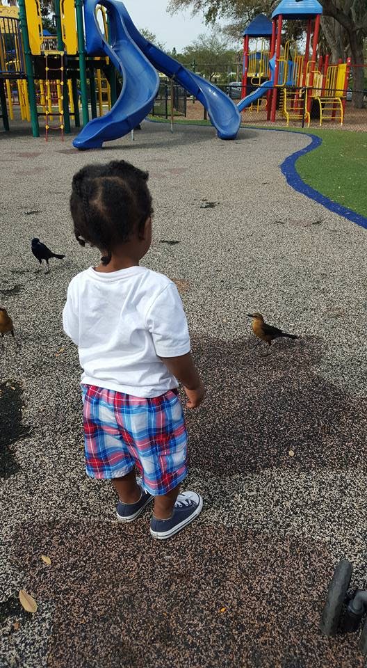 Child standing on playground looking at birds