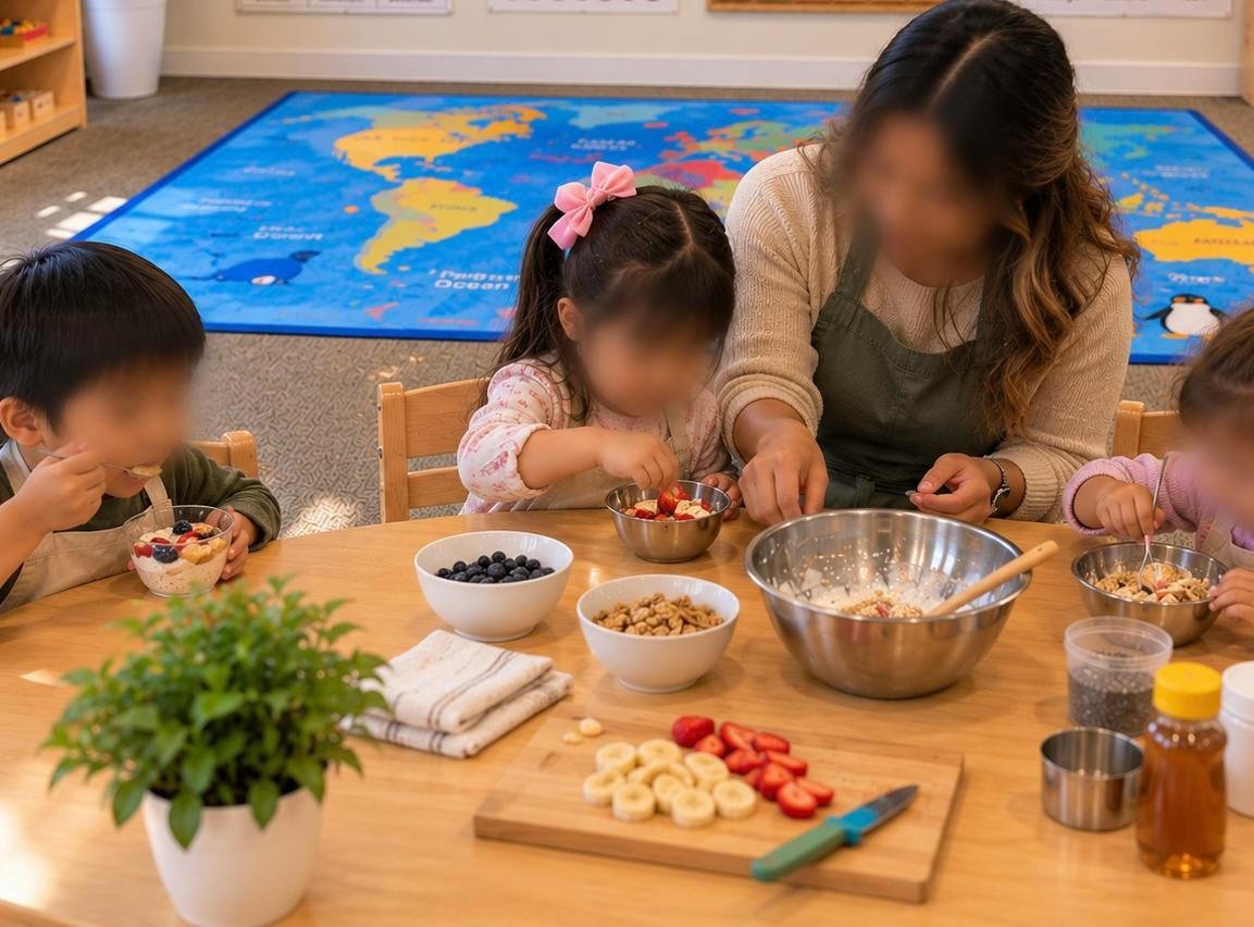 Adult and children preparing food at a table in a classroom