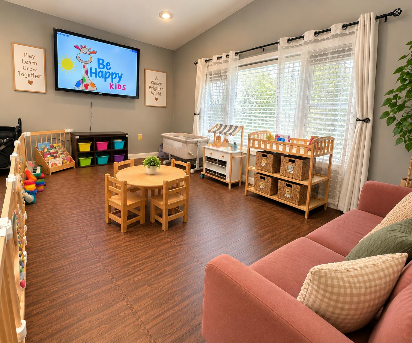 Playroom with children furniture, toys, and a television screen