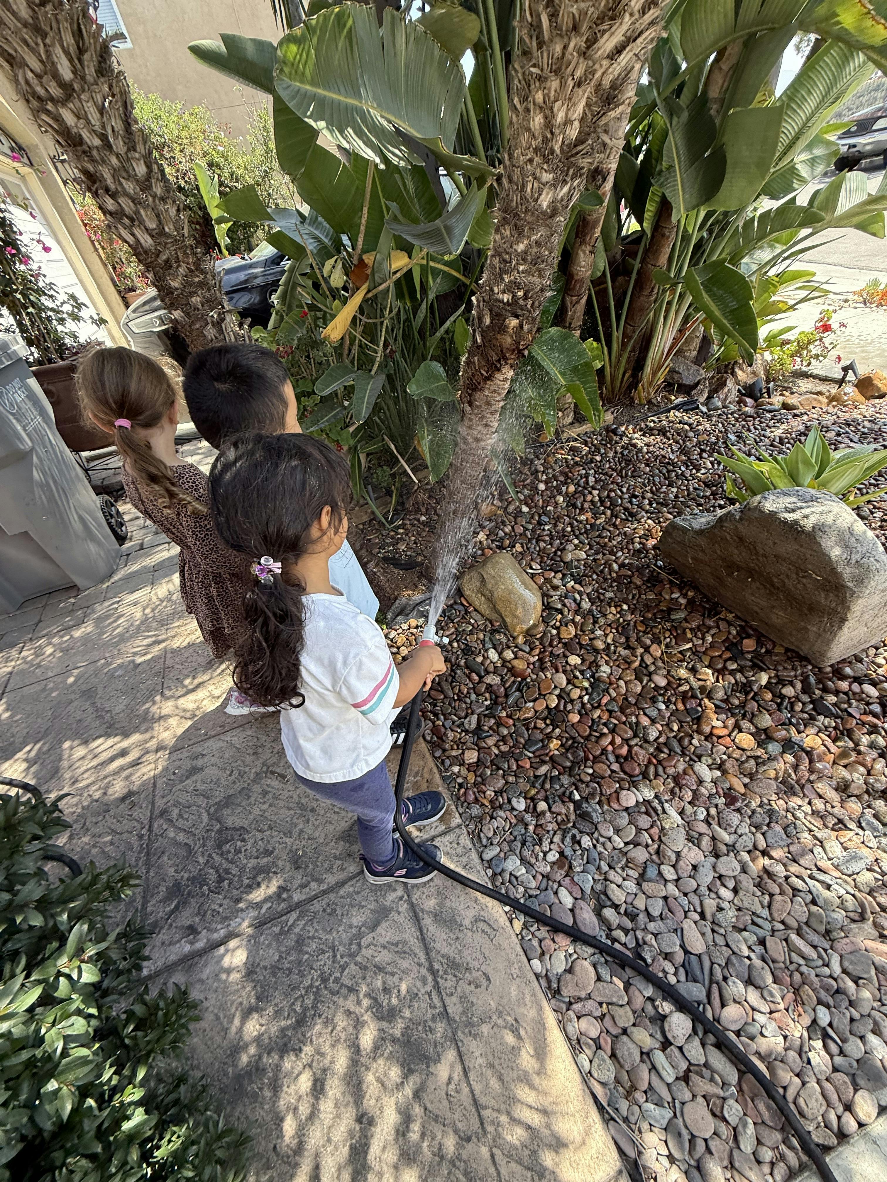Child watering plants with a hose next to two other children